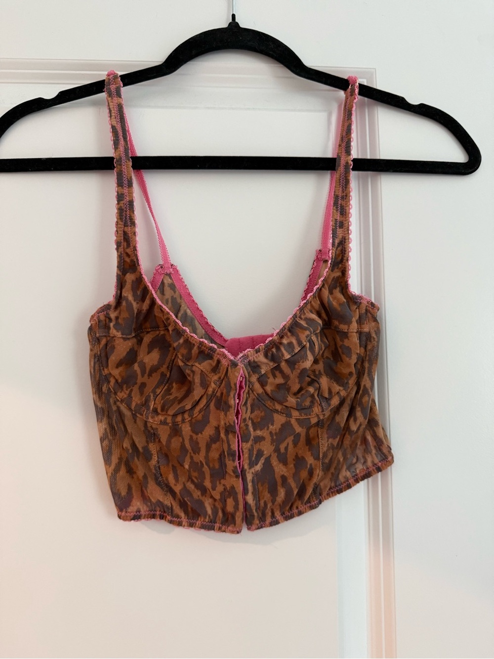 Urban Outfitters Brown Leopard Mesh Bustier with Pink Trim